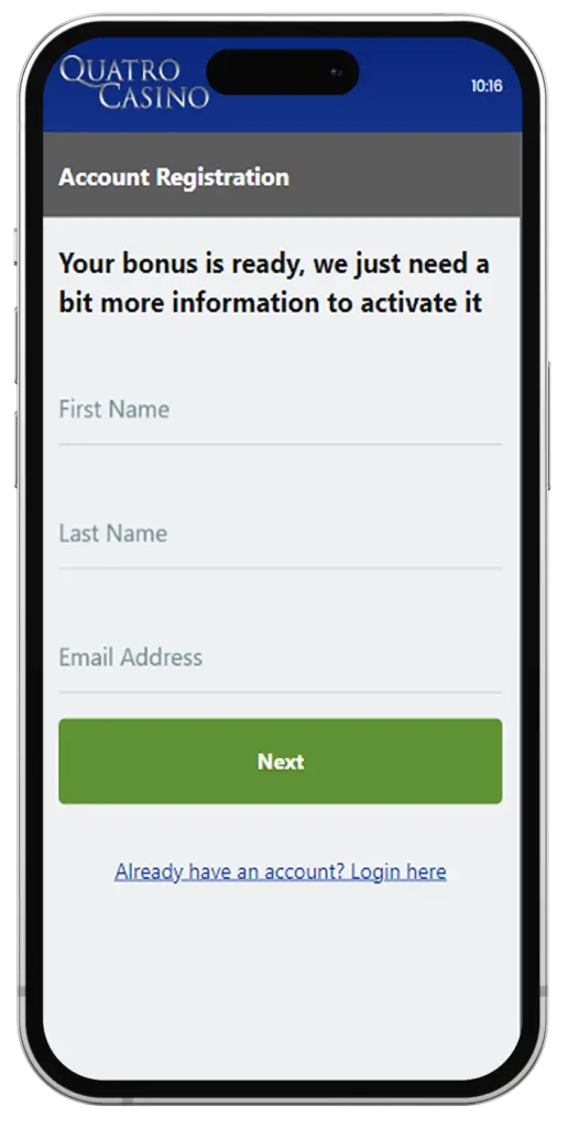 Registration via Quatro Casino Mobile